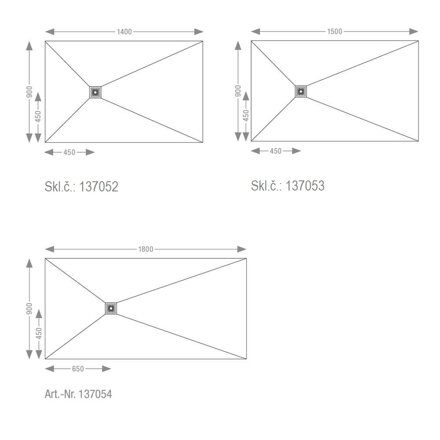 jet - Sprchovacia vanička s decentrálnym bodovým odvodnením. Šírka x Dĺžka: 900 x 900 mm, 900 x 1200, 900 x 1400, 900 x 1500, 900 x 1800, 1000 x 1000, alebo 1200 x 1200 mm. Hrúbka 40 mm.